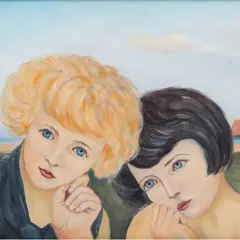 Dwie dziewczynki, jedna z blond włosami, druga z ciemnymi, patrzą w stronę widza. Obraz autorstwa Wlastimila Hofmana.