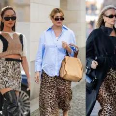 Trzy kobiety prezentują modne stylizacje ze spódnicą w panterkę. Krótka, wzorzysta spódniczka mini, luźne spodnie i długa spódnica maxi – każda z nich wygląda inaczej.